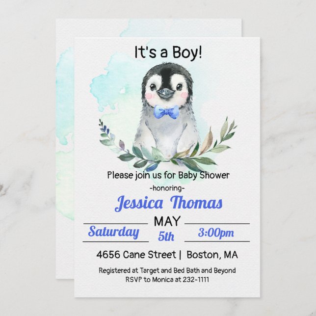 Penguin Winter Boy Baby Shower Invitation (Front/Back)