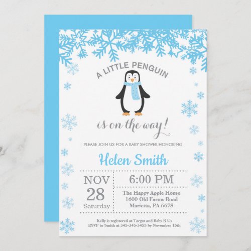 Penguin Winter Boy Baby Shower Snowflake Invitation