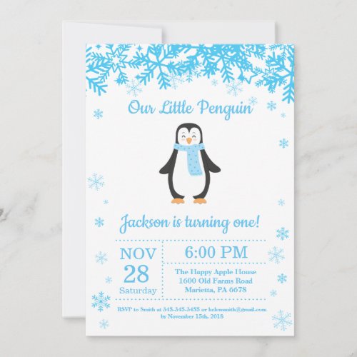 Penguin Winter Boy Birthday Invitation