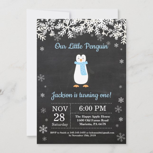 Penguin Winter Boy Birthday Invitation (Front)