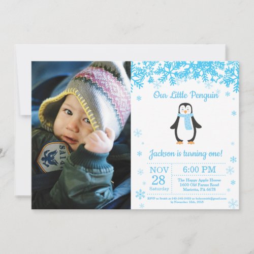 Penguin Winter Boy Birthday Photo Invitation