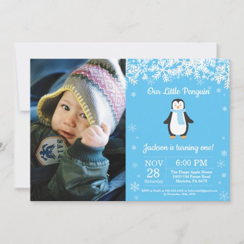 Penguin Winter Boy Birthday Photo Invitation