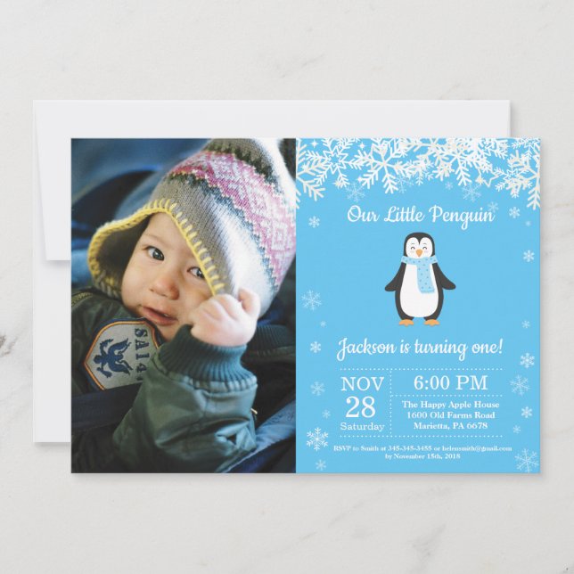 Penguin Winter Boy Birthday Photo Invitation (Front)