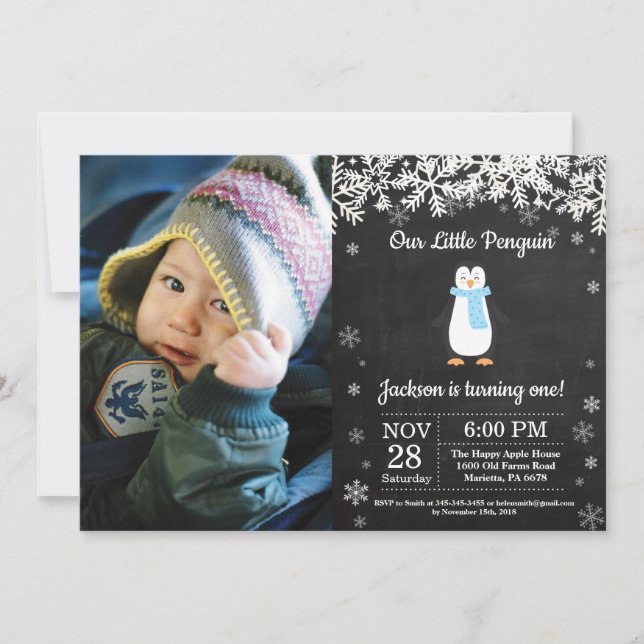 Penguin Winter Boy Birthday Photo Invitation (Front)