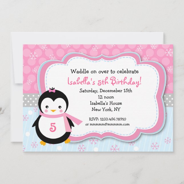 Penguin Winter Custom Birthday Party Invitations (Front)