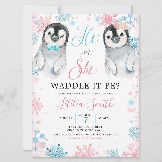 Penguin Winter Gender Reveal Invitation (Front)