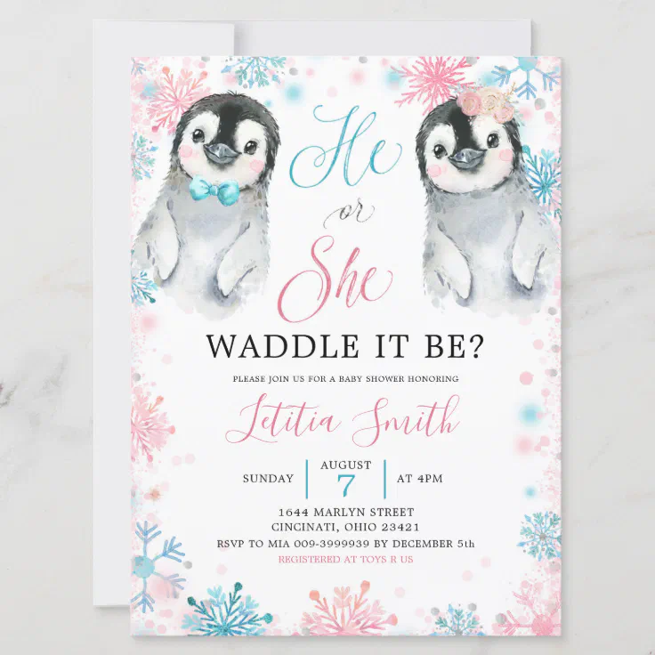 Penguin Winter Gender Reveal Invitation Zazzle