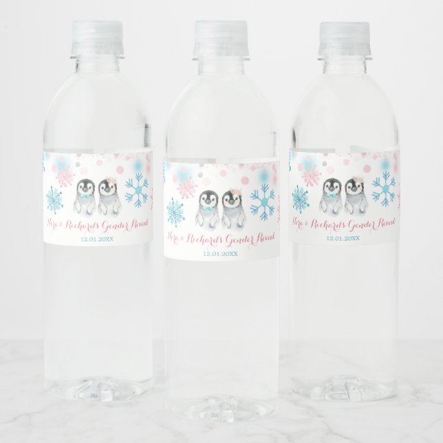 Penguin Winter Gender Reveal Water Bottle Labels (Bottles)