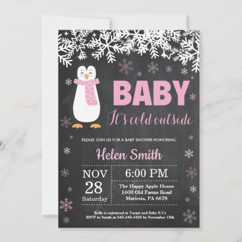 Penguin Winter Girl Baby Shower Chalkboard Invitation