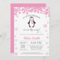 Penguin Winter Girl Baby Shower Snowflake Invitation