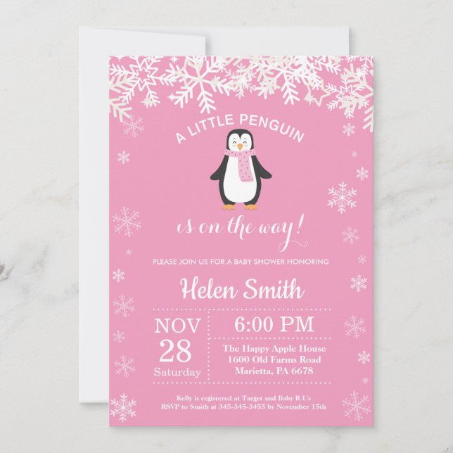 Penguin Winter Girl Baby Shower Snowflake Invitation (Front)