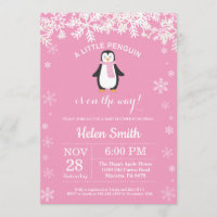 Penguin Winter Girl Baby Shower Snowflake Invitation