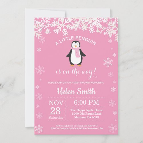 Penguin Winter Girl Baby Shower Snowflake Invitation