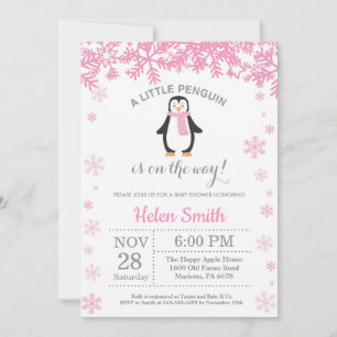 Penguin Winter Girl Baby Shower Snowflake Invitation