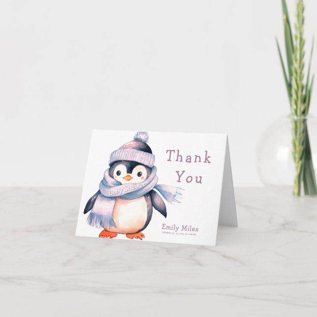 Penguin Winter Girl Baby Shower Thank You (Front)