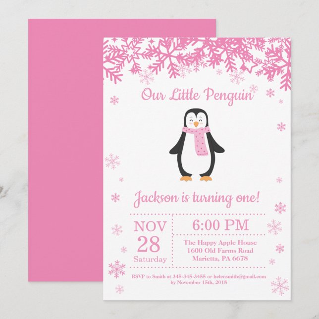 Penguin Winter Girl Birthday Invitation (Front/Back)