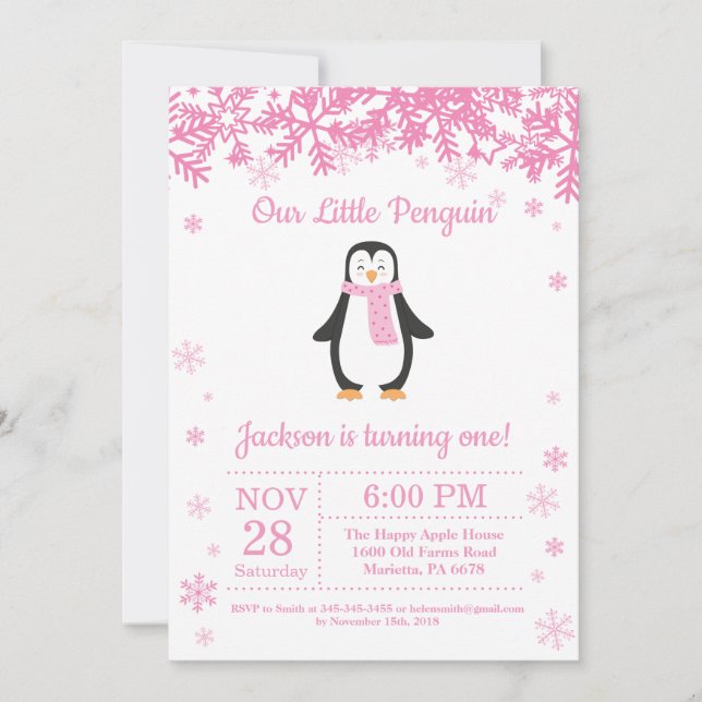 Penguin Winter Girl Birthday Invitation (Front)