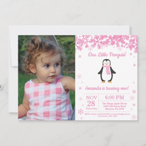 Penguin Winter Girl Birthday Photo Invitation