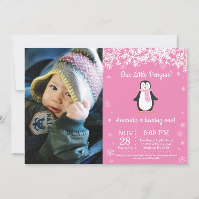 Penguin Winter Girl Birthday Photo Invitation (Front)