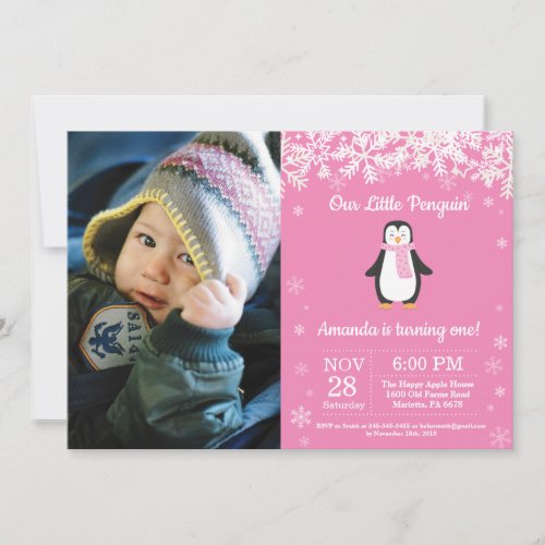 Penguin Winter Girl Birthday Photo Invitation