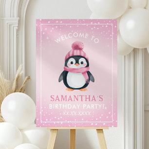 Penguin Winter Girl Birthday Welcome Sign