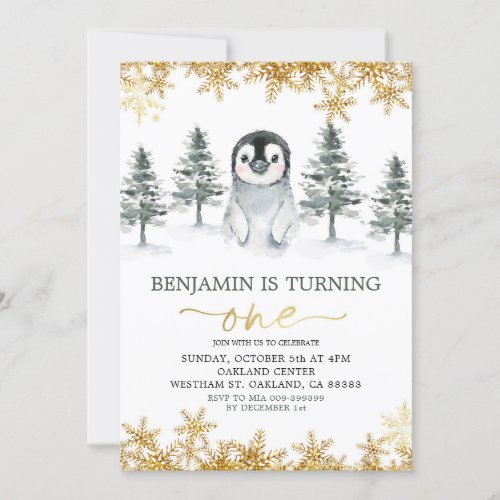Penguin Winter Gold Snowflake Birthday Invitation