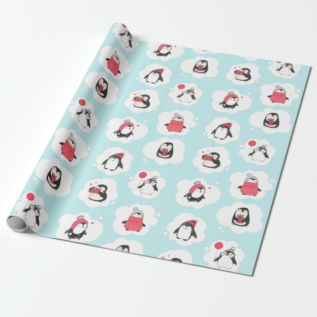 Penguin Winter Holiday Wrapping Paper (Unrolled)
