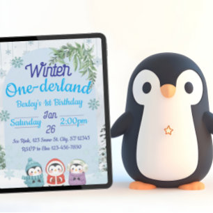 Penguin Winter One-derland 1st Birthday Invitation