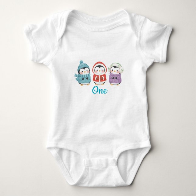 Penguin Winter One-derland Birthday Baby Bodysuit (Front)