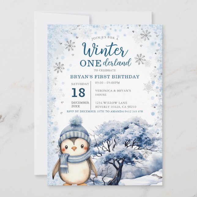 Penguin Winter Onederland Arctic Animals Birthday Invitation (Front)
