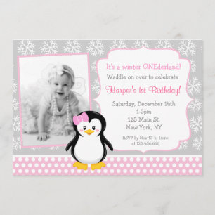 Penguin Winter ONEderland Birthday Invitations