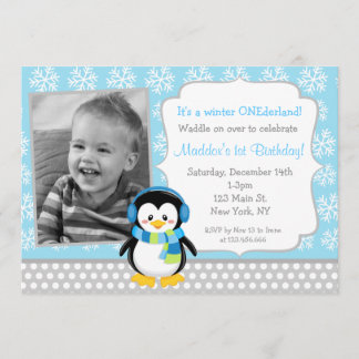 Penguin Winter ONEderland  Birthday Invitations