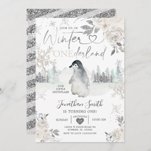 Penguin Winter Onederland Snowflake 1st Birthday Invitation