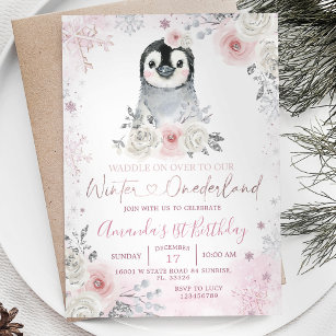 Penguin Winter Pastel Pink Flowers Birthday Invitation