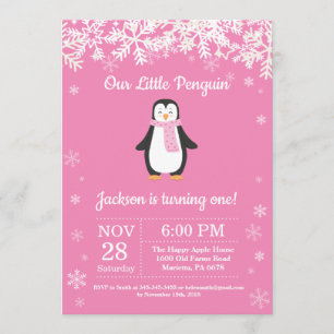 Penguin Winter Pink Birthday Invitation