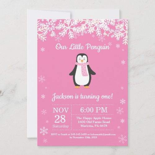 Penguin Winter Pink Birthday Invitation
