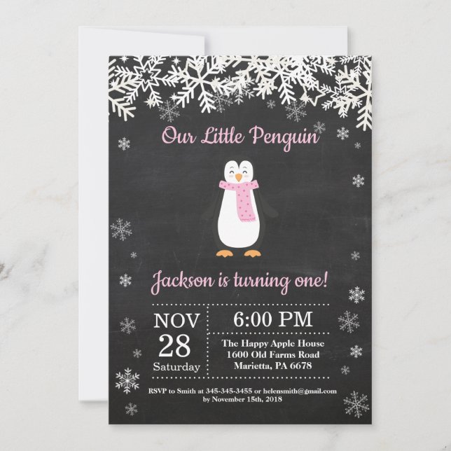 Penguin Winter Pink Birthday Invitation (Front)