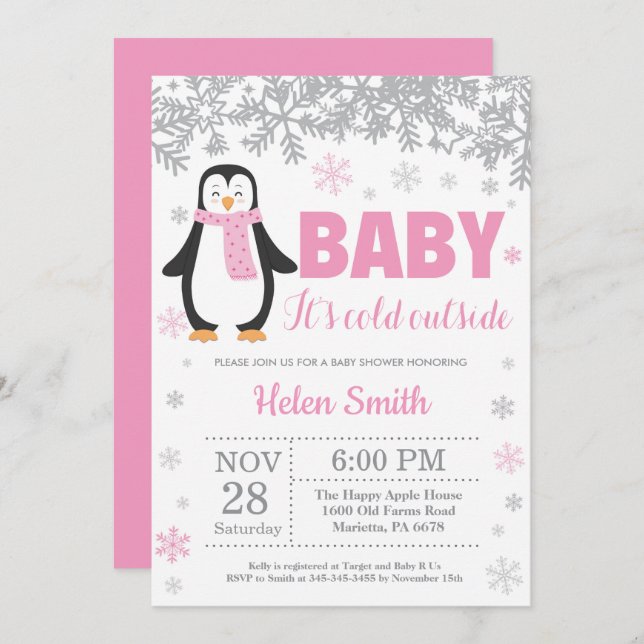 Penguin Winter Pink Girl Baby Shower Snowflake Invitation (Front/Back)