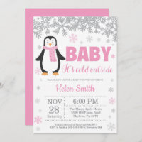 Penguin Winter Pink Girl Baby Shower Snowflake Invitation