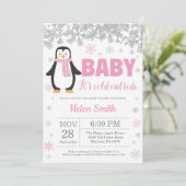 Penguin Winter Pink Girl Baby Shower Snowflake Invitation (Standing Front)