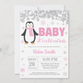 Penguin Winter Pink Girl Baby Shower Snowflake Invitation (Front)