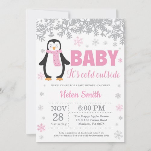 Penguin Winter Pink Girl Baby Shower Snowflake Invitation