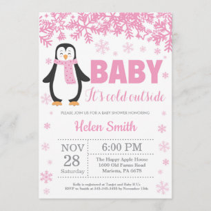 Penguin Winter Pink Girl Baby Shower Snowflake Invitation