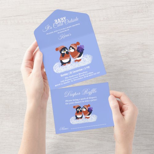 Penguin Winter Snow Birthday Baby Shower Cold All In One Invitation