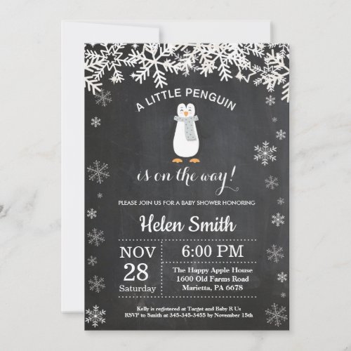 Penguin Winter Snowflake Baby Shower Invitation