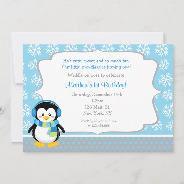Penguin Winter Snowflake Birthday Invitations (Front)
