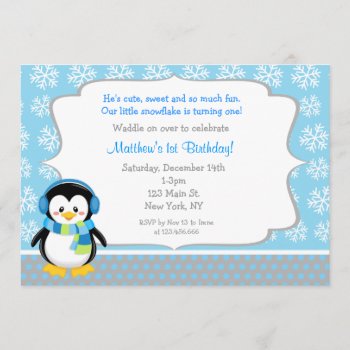 Penguin Winter Snowflake Birthday Invitations by Petit_Prints at Zazzle