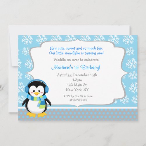 Penguin Winter Snowflake Birthday Invitations