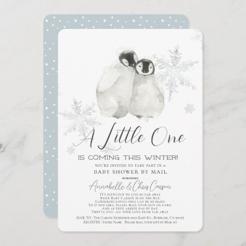 Penguin Winter Snowflake Blue Baby Shower by Mail Invitation