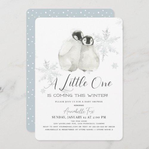 Penguin Winter Snowflake Blue Boy Baby Shower Invitation